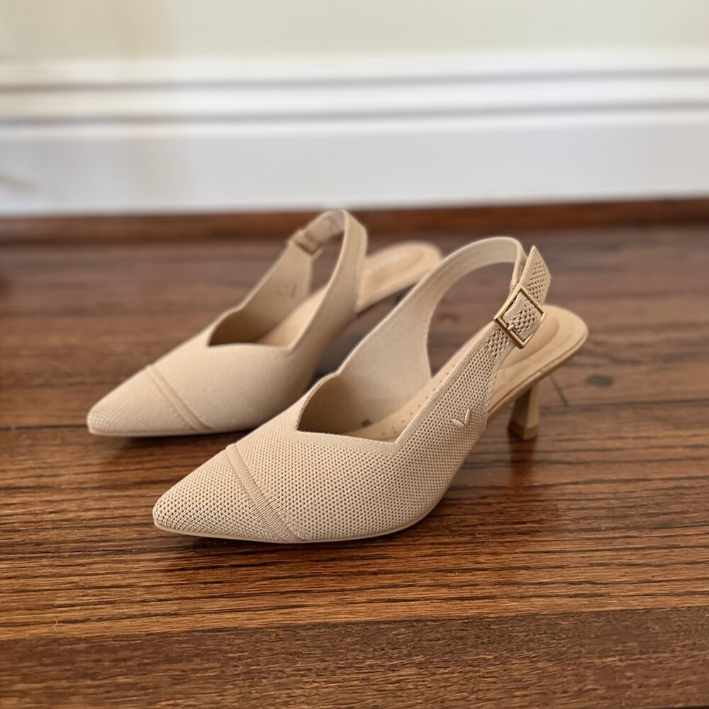 NEW Vivaia Pointed-Toe Slingback Kitten Heel Sandals Addison, Almond, Size 6